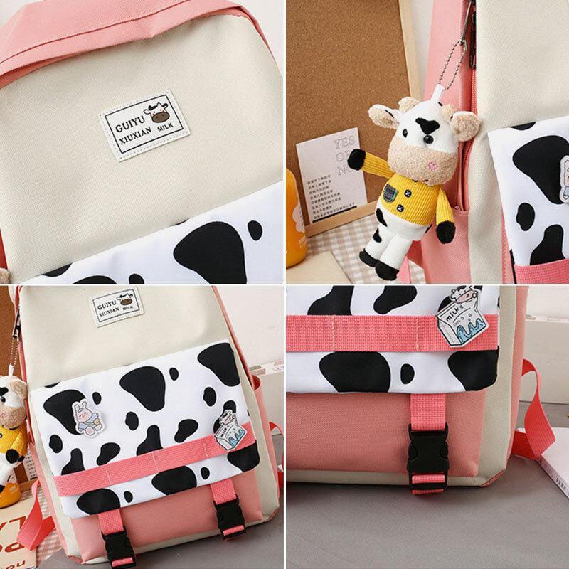 5 piezas de lona con estampado de vaca preppy, multifunción, combinación de bolsos, mochilas, bolsos cruzados, bolsos de mano, carteras de mano 