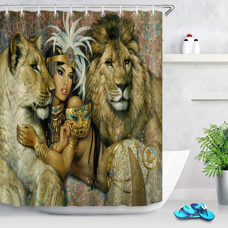 Ensemble de salle de bain imperméable avec rideau de douche et tapis de bain, motif reine et lion d'Égypte africaine 