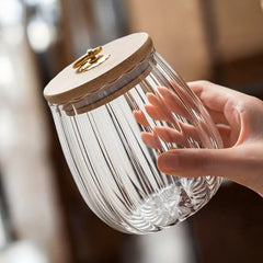 Airtight Glass Storage Jar with Wooden Lid – Clear Borosilicate Kitchen Canister for Tea and Snacks