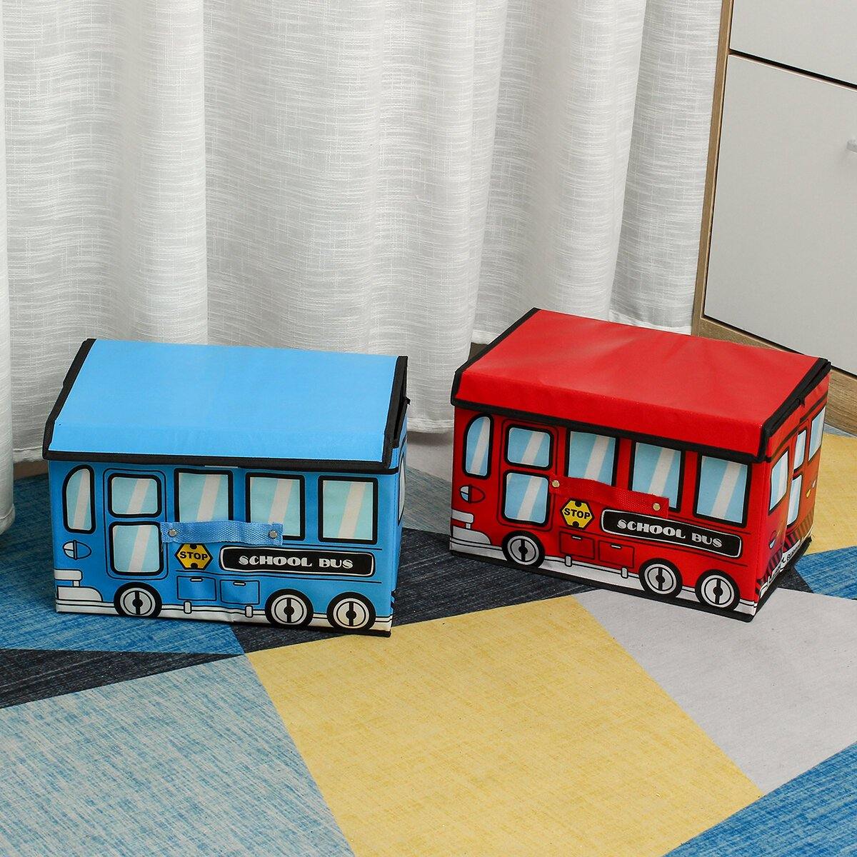 Boîte de rangement pour jouets pour enfants en forme de bus étanche de 1,8 L, panier pliable non tissé à motif de voiture de dessin animé 