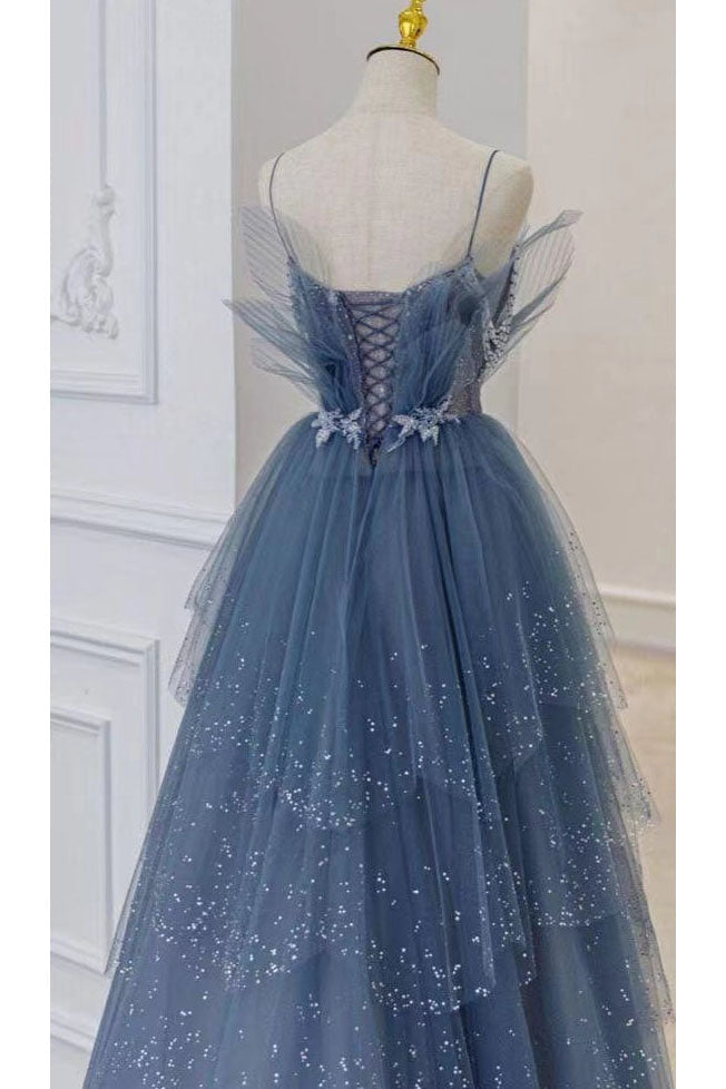 Hermoso vestido de fiesta de tul azul brillante con cuentas, vestido formal escalonado con diamantes de imitación UQP0142