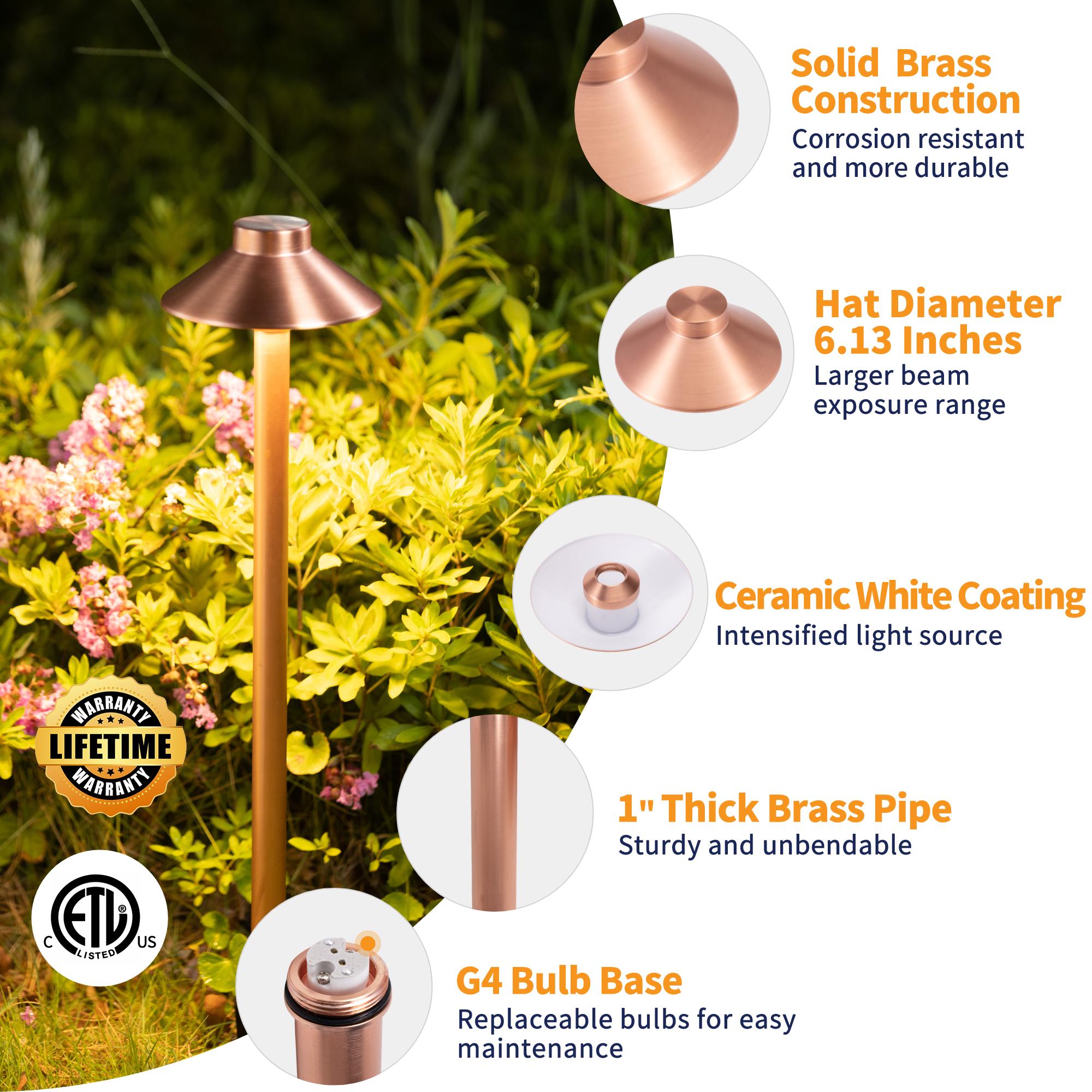 Gardenreet Lampe de chemin de paysage basse tension en laiton massif, éclairage d'accentuation extérieur à LED et éclairage de zone (chapeau)