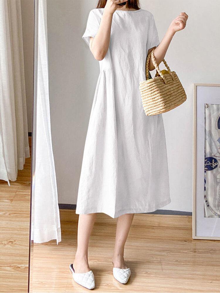 Robe mi-longue plissée unie 100 % coton avec poches latérales 