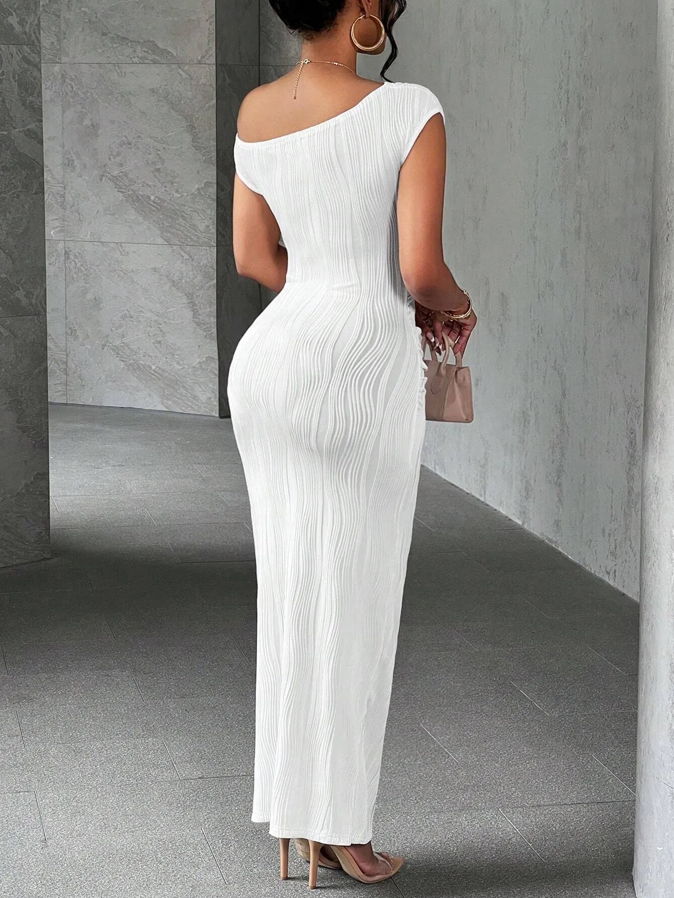 Asymmetrical One Shoulder Bodycon Maxi Dress in white, showcasing a sleek fit and elegant design, perfect for any occasion.