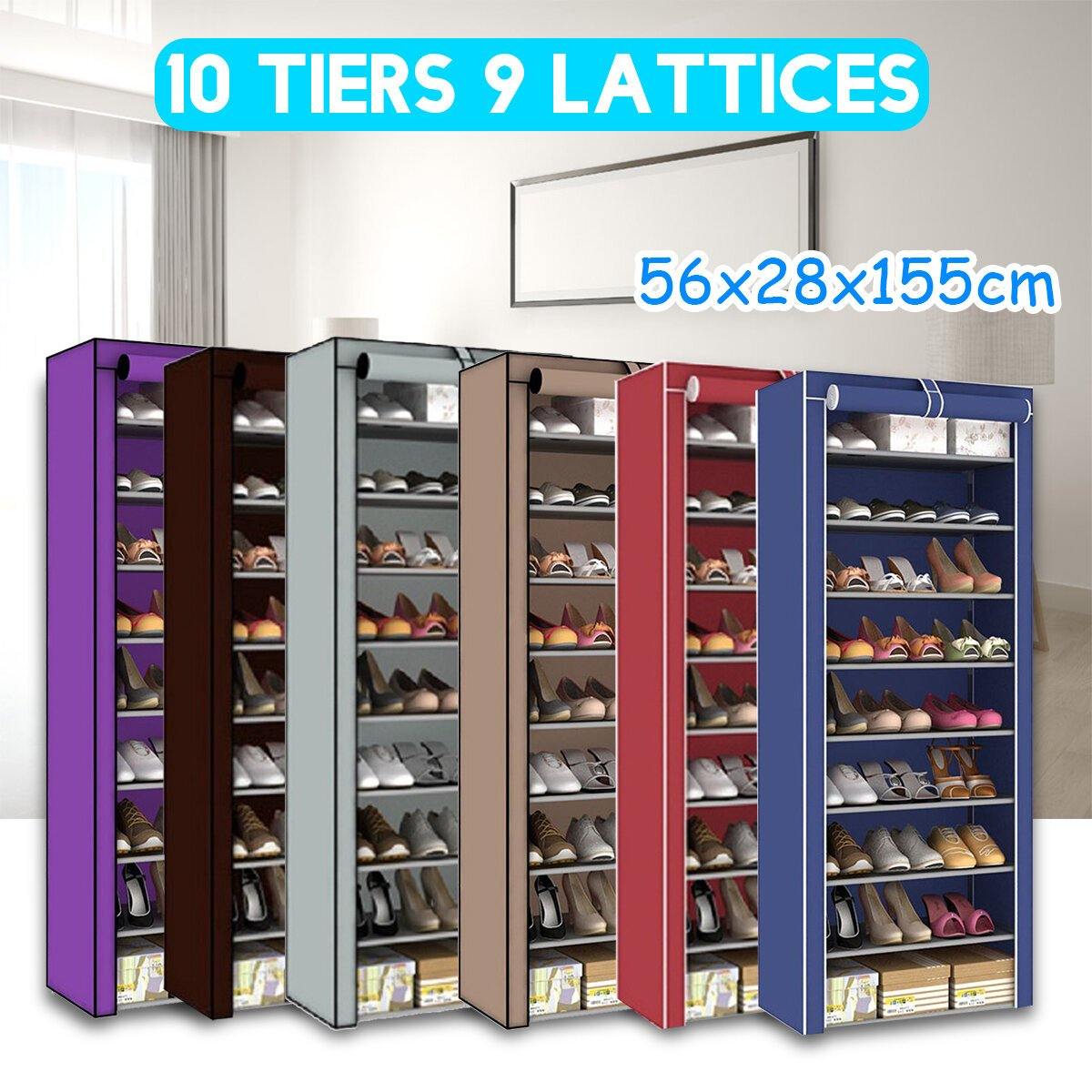 Étagère à chaussures à 10 niveaux et 9 treillis, armoire de rangement avec housse anti-poussière 