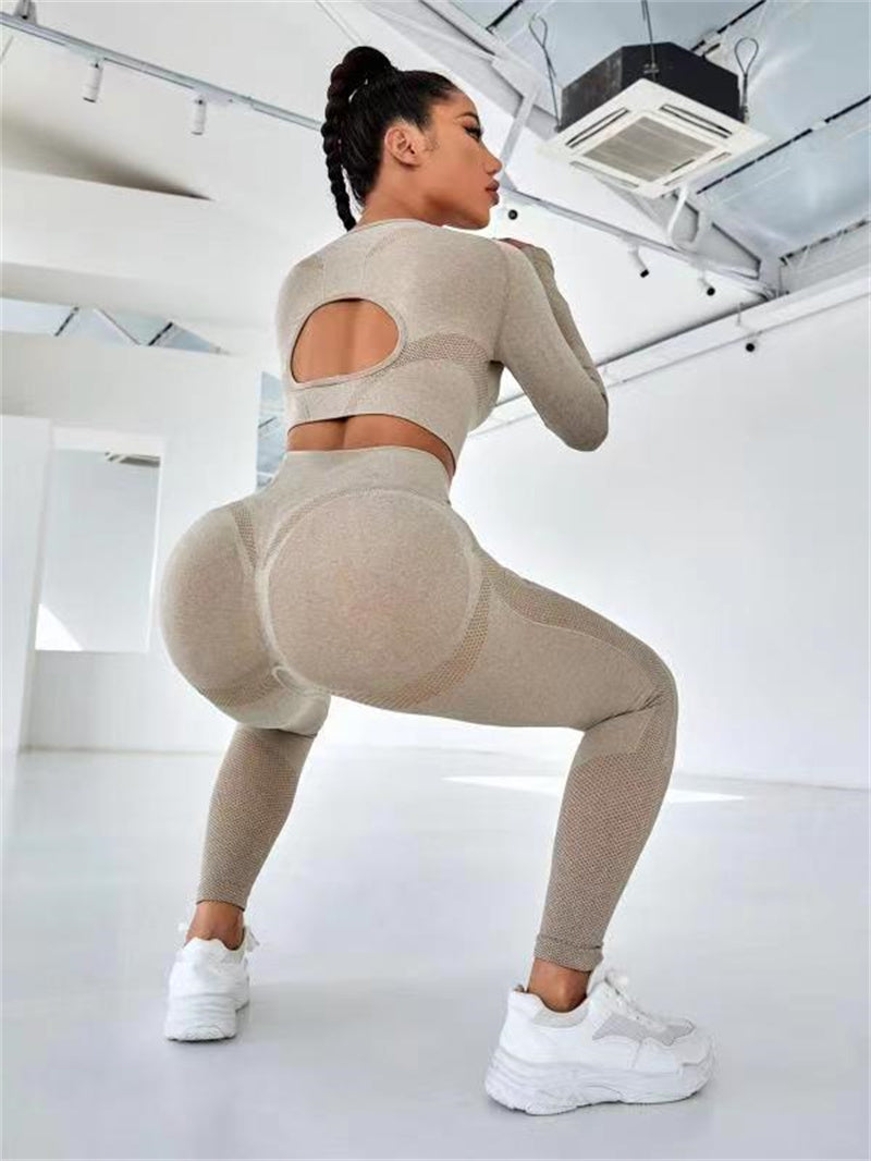 2 pièces costumes de sport à manches longues conception creuse hauts et fesses levage taille haute sans couture fitness leggings sport gym vêtements de sport tenues vêtements