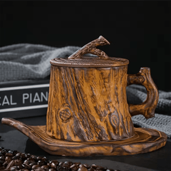 Ceramic Mug with Woodgrain Finish and Insulated Lid – Perfect for Hot Beverages