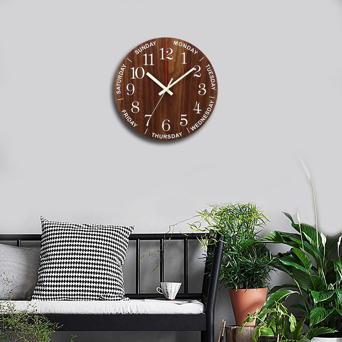 Horloge murale lumineuse de 12 pouces en bois silencieuse sans tic-tac avec veilleuse 