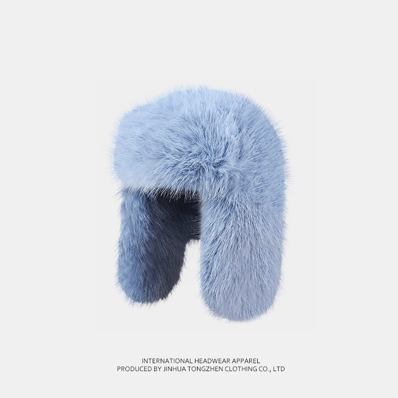 Blue Velvet Ushanka Female Winter Thicken Thermal Furry Earmuffs Hat