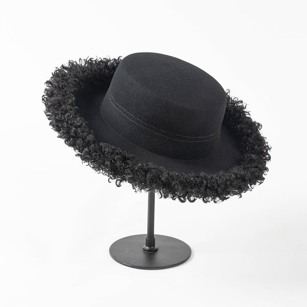 Fall Winter Fashion Leisure Circle Curly Brim Flat Top Wool Top Hat