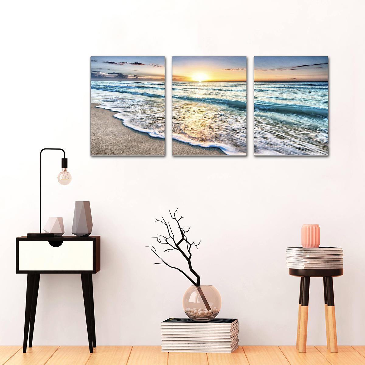 Beach Canvas Wall Art Sunset Sand Ocean Sea Wave 3 Panel Home Picture Decor Paintings