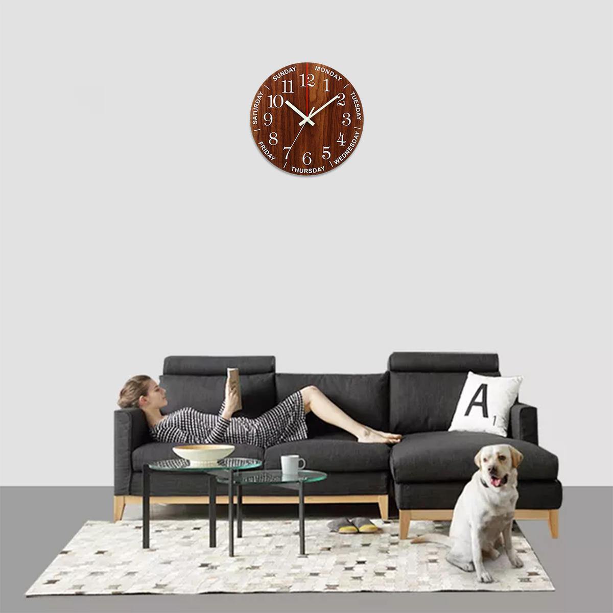 Horloge murale lumineuse de 12 pouces en bois silencieuse sans tic-tac avec veilleuse 