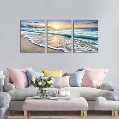 Beach Canvas Wall Art Sunset Sand Ocean Sea Wave 3 Panel Home Picture Decor Paintings