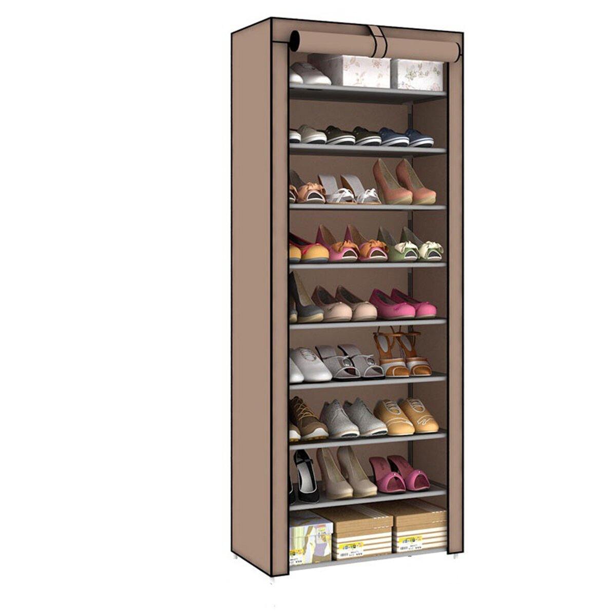 Étagère à chaussures à 10 niveaux et 9 treillis, armoire de rangement avec housse anti-poussière 