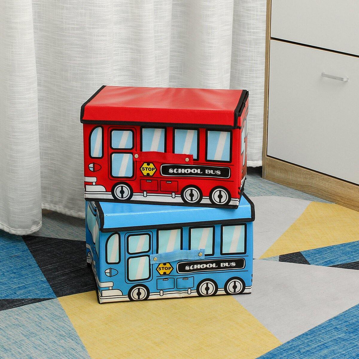 Boîte de rangement pour jouets pour enfants en forme de bus étanche de 1,8 L, panier pliable non tissé à motif de voiture de dessin animé 