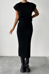 Ember Ribbed Sweater Skirt Set | Cropped Sleeveless Top & Midi Skirt
