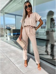 Everly V-Neck Short Sleeve Jumpsuit | Elastic Waist & Side Pockets