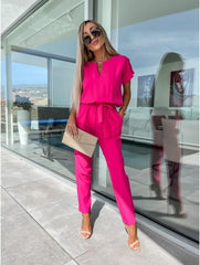 Everly V-Neck Short Sleeve Jumpsuit | Elastic Waist & Side Pockets