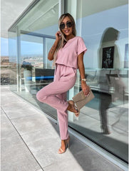 Everly V-Neck Short Sleeve Jumpsuit | Elastic Waist & Side Pockets