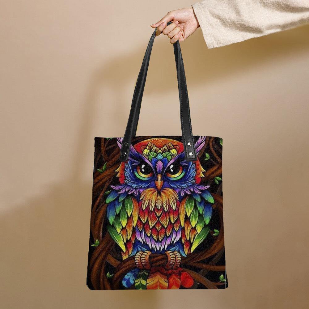 Bolso de mano de cuero con estampado de búhos en color, bolso de hombro con pegatina, bolso de mano con bolso pequeño incorporado 