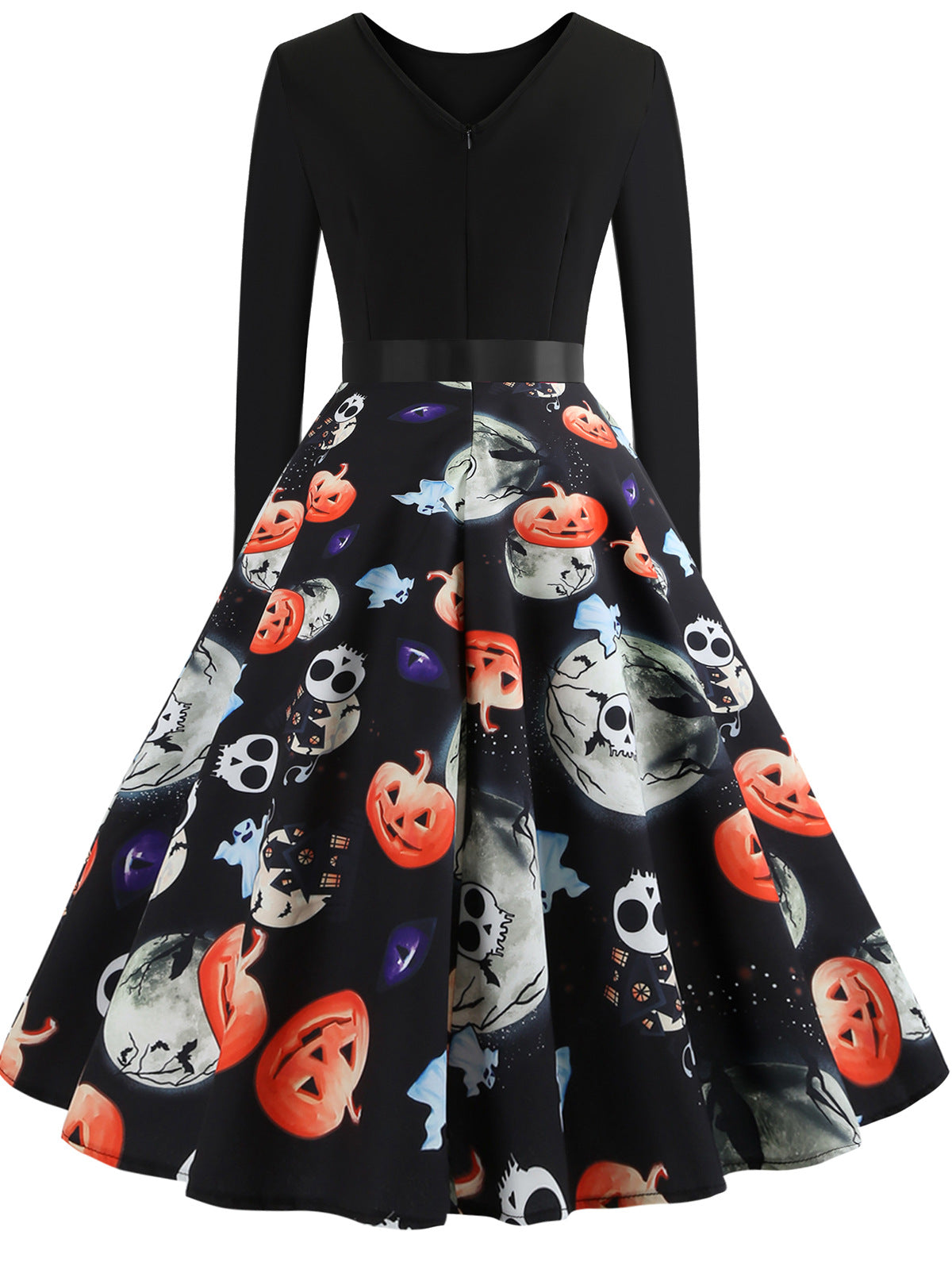 Robe trapèze à manches longues et col rond avec imprimé rétro pour Halloween