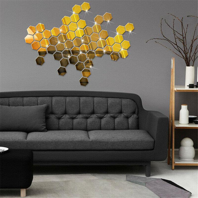 Lot de 12 autocollants muraux 3D en vinyle à effet miroir hexagonal amovible pour décoration de maison, salon, art 