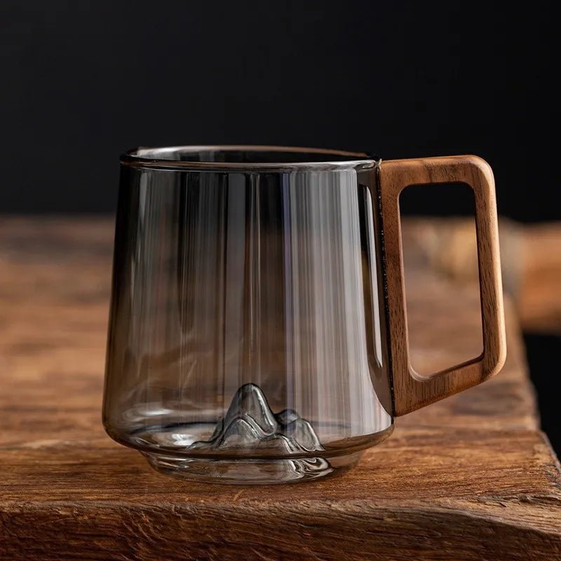FlarePeak Glass Mug with Mountain Base and Wooden Handle – 400-500ML Durable Drinkware
