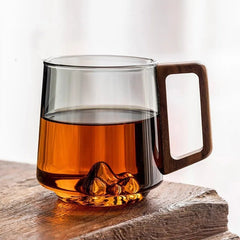 FlarePeak Glass Mug with Mountain Base and Wooden Handle – 400-500ML Durable Drinkware