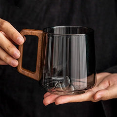 FlarePeak Glass Mug with Mountain Base and Wooden Handle – 400-500ML Durable Drinkware