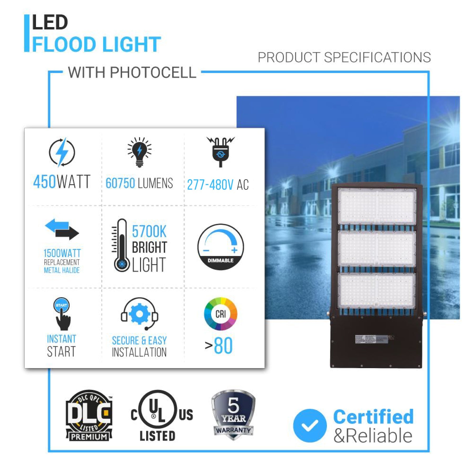 450W LED High Output Flood Light With Photocell, 5700K, AC277-480V High Voltage, Dusk to Dawn Security Light, IP65, Bronze, With 20KV Surge Protector, For Garden Yard Parking Lot Stadium Arena Lighting Fixture