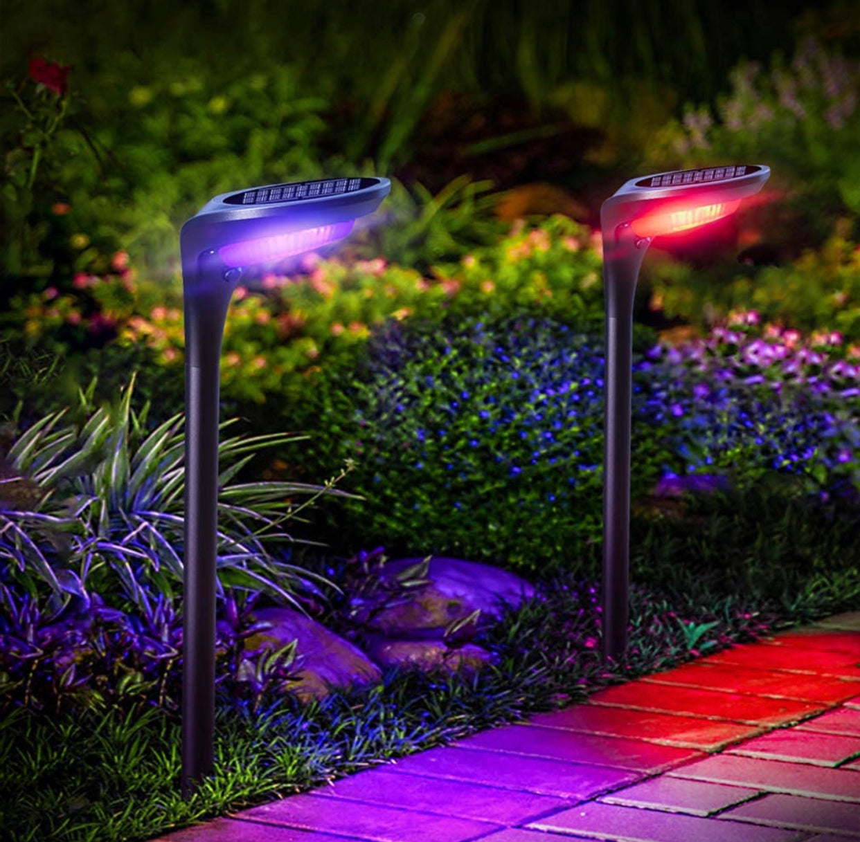 Luces solares para caminos SmartYard, paquete de 4 luces LED solares para jardín con brillo de color, iluminación para paisajes, cambio de color automático y fijas