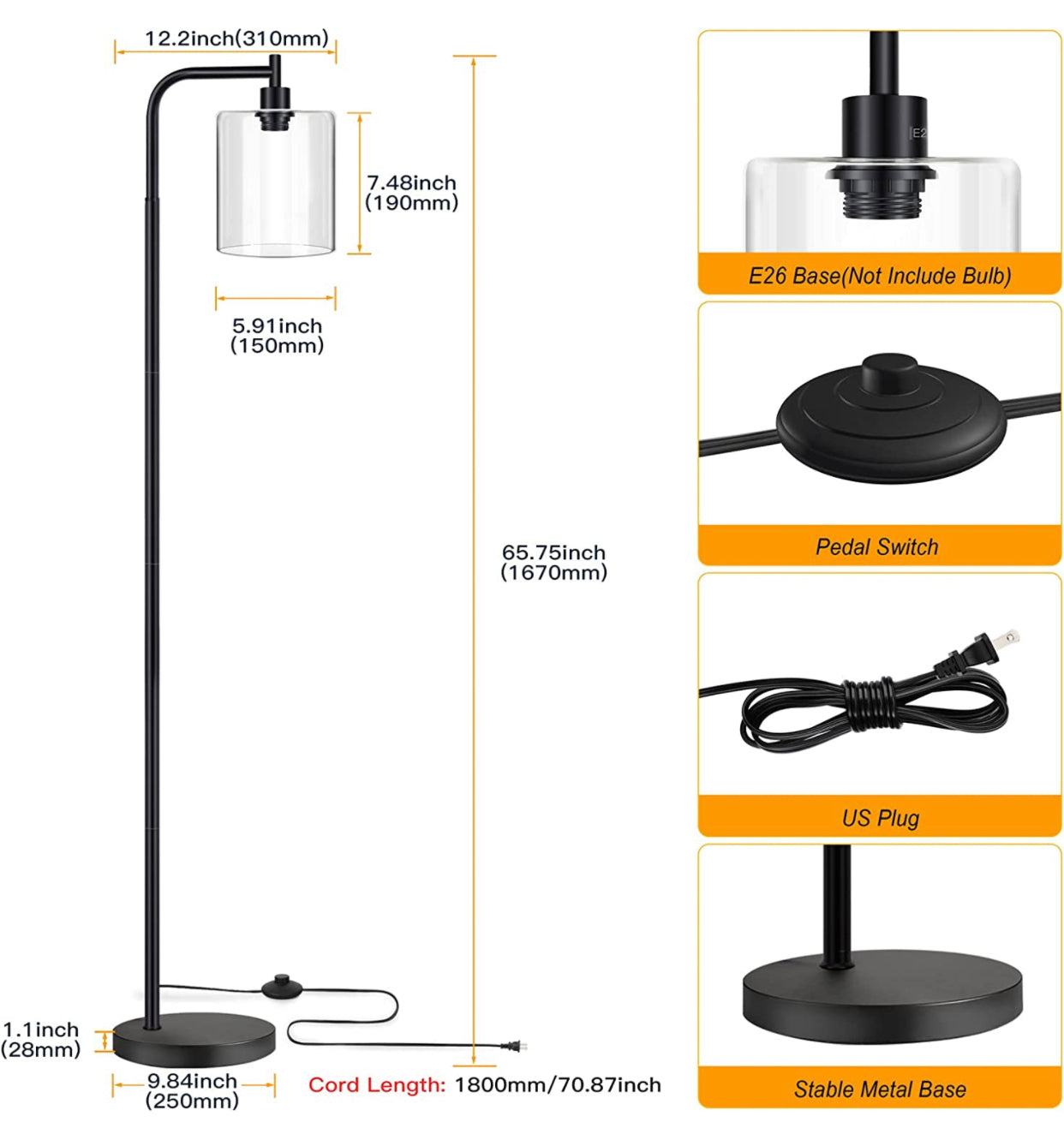 Lampadaire industriel, lampes sur pied modernes avec abat-jour suspendu en verre transparent