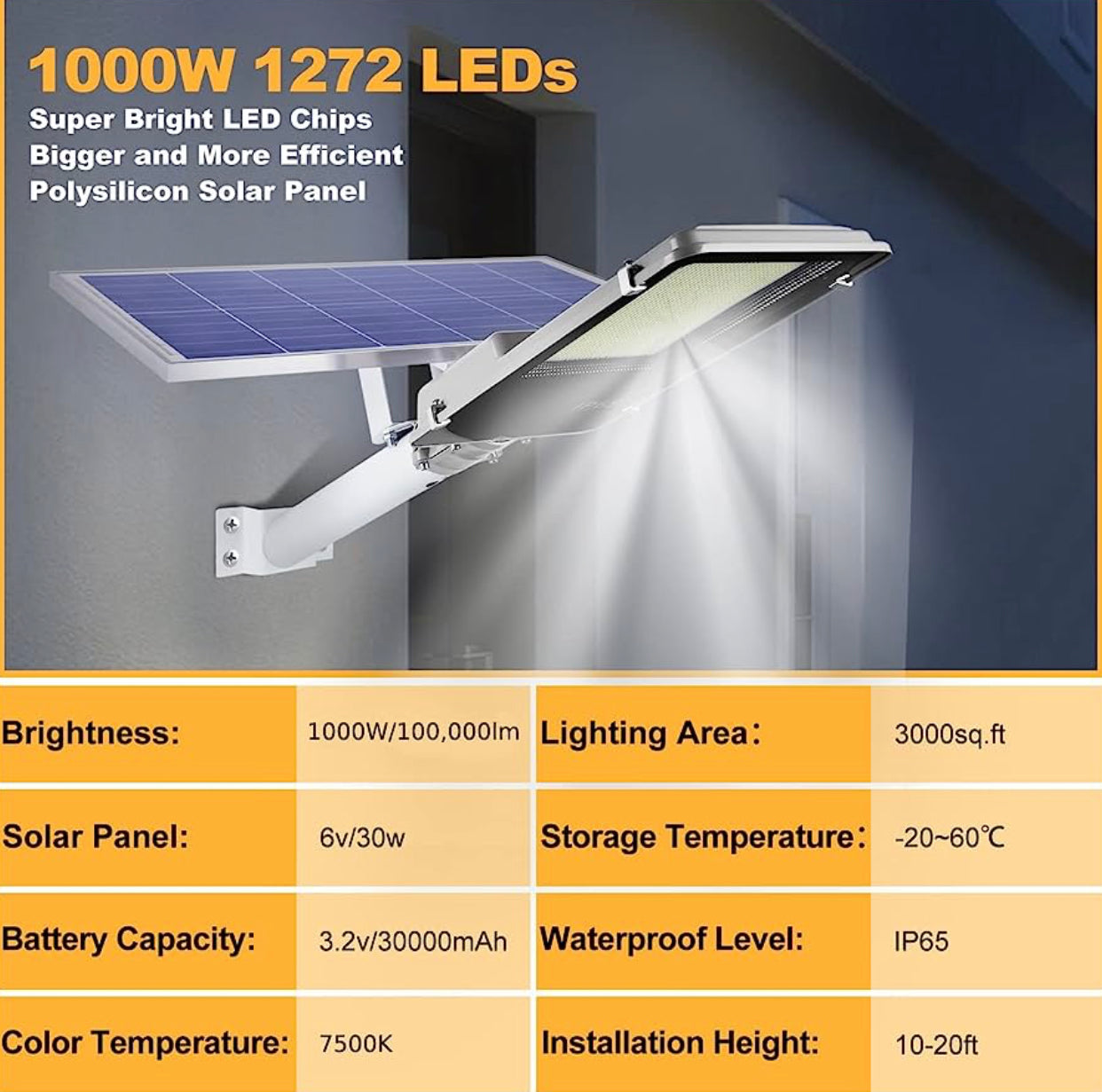 1000W Solar Street Light Outdoor 100,000 Lumens Street Lights Solar Powered Dusk to Dawn Solar Flood Light Parking Lot Light with Remote Control