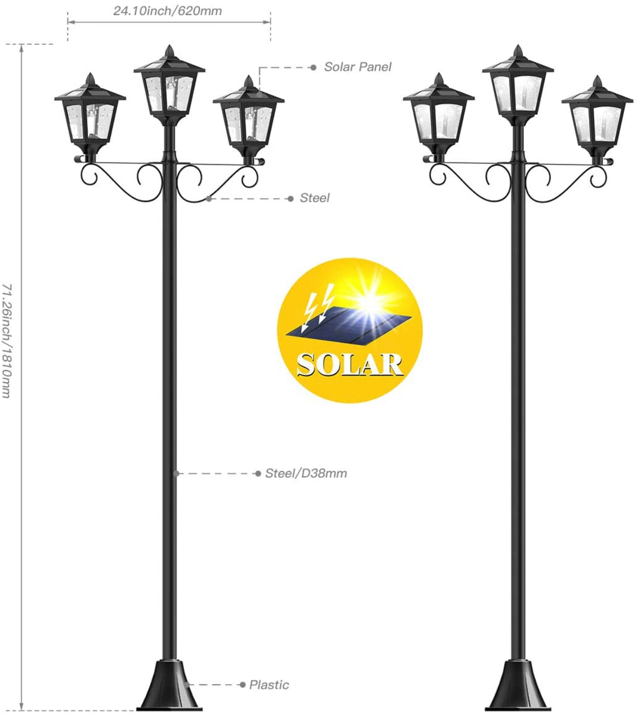 Lampadaire solaire d'extérieur à 3 luminaires avec 50 lumens - 72 pouces