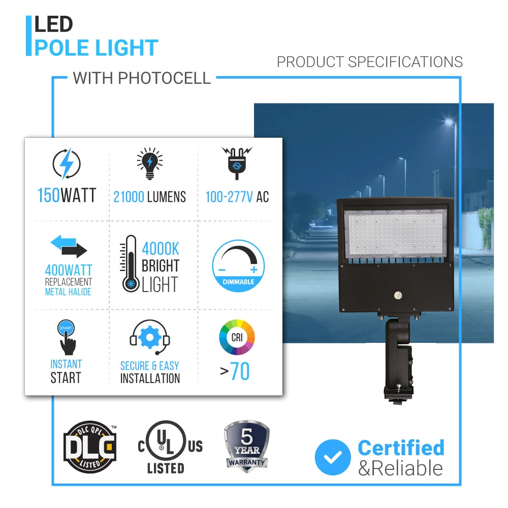 Lampadaire LED 150 W avec cellule photoélectrique du crépuscule à l'aube, 4 000 K, montage universel, bronze, AC 120-277 V, étanche IP65, éclairage de parking LED - Éclairage public extérieur pour zones commerciales