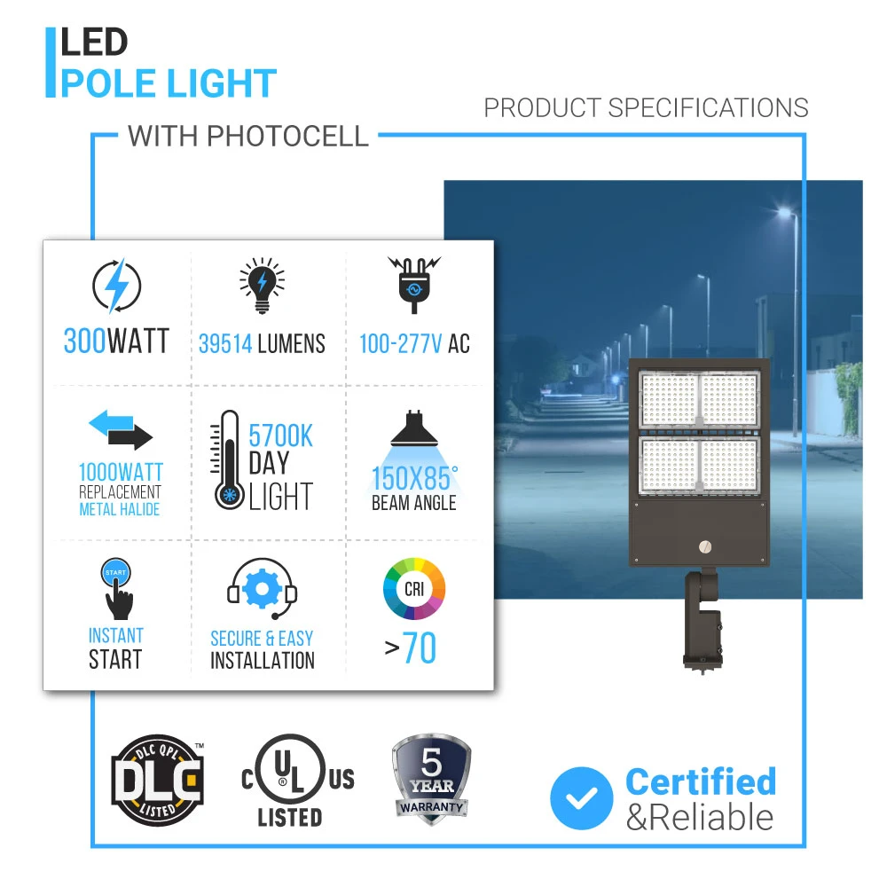 Lampadaire LED 300 W avec cellule photoélectrique du crépuscule à l'aube 5700 K 42 000 lm AC120-277 V Montage universel Bronze Étanche IP65, éclairage de parking - éclairage public extérieur pour zones commerciales