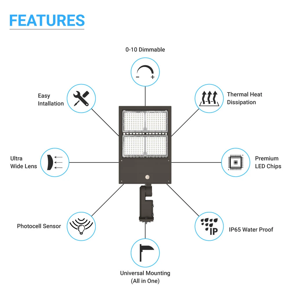 Lampadaire LED 300 W avec cellule photoélectrique du crépuscule à l'aube 5700 K 42 000 lm AC120-277 V Montage universel Bronze Étanche IP65, éclairage de parking - éclairage public extérieur pour zones commerciales