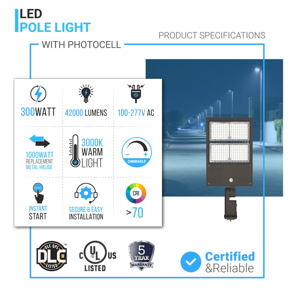 Lampadaire LED 300 W avec cellule photoélectrique du crépuscule à l'aube, 3 000 K, montage universel, bronze, AC 120-277 V, étanche IP65, éclairage de stationnement à LED - Éclairage de zone LED Shoebox