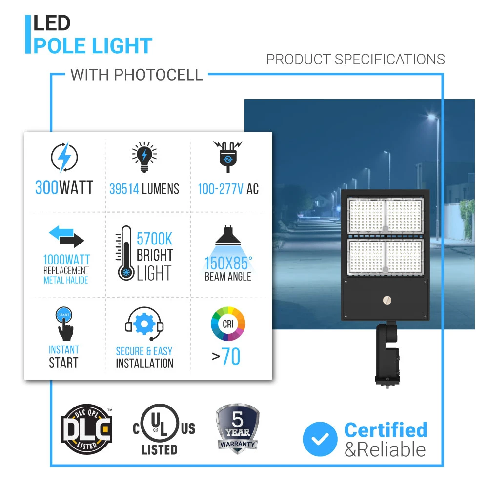 Lampadaire LED 300 W avec cellule photoélectrique du crépuscule à l'aube, 5 700 K, 42 000 lm, montage universel, noir, étanche IP65, AC 120-277 V, éclairage de parking LED, éclairage public extérieur pour zones commerciales