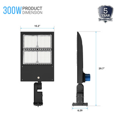 Lampadaire LED 300 W avec cellule photoélectrique du crépuscule à l'aube, 5 700 K, 42 000 lm, montage universel, noir, étanche IP65, AC 120-277 V, éclairage de parking LED, éclairage public extérieur pour zones commerciales