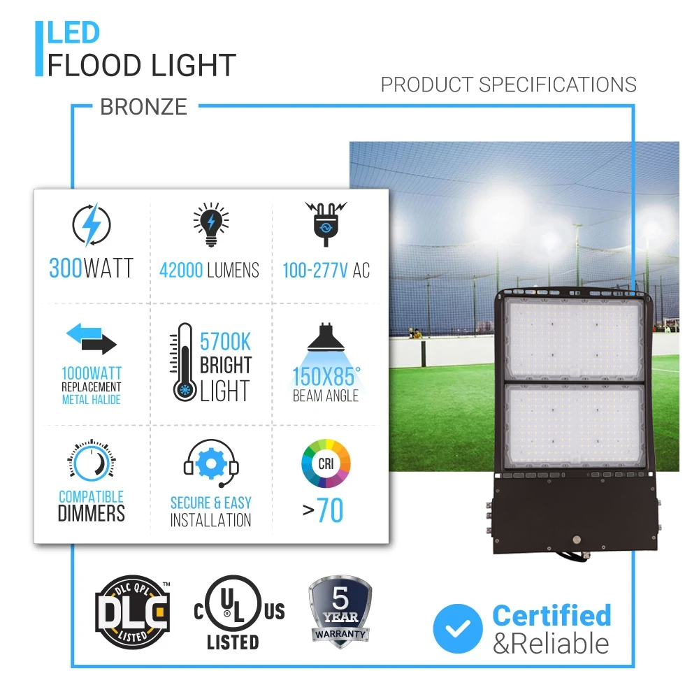 Projecteur LED 300 watts 5700K IP65 42000 lumens Bronze, à intensité variable, projecteur pour arrière-cour | terrain | stade | cour, éclairage de sécurité extérieur étanche, éclairage d'arène