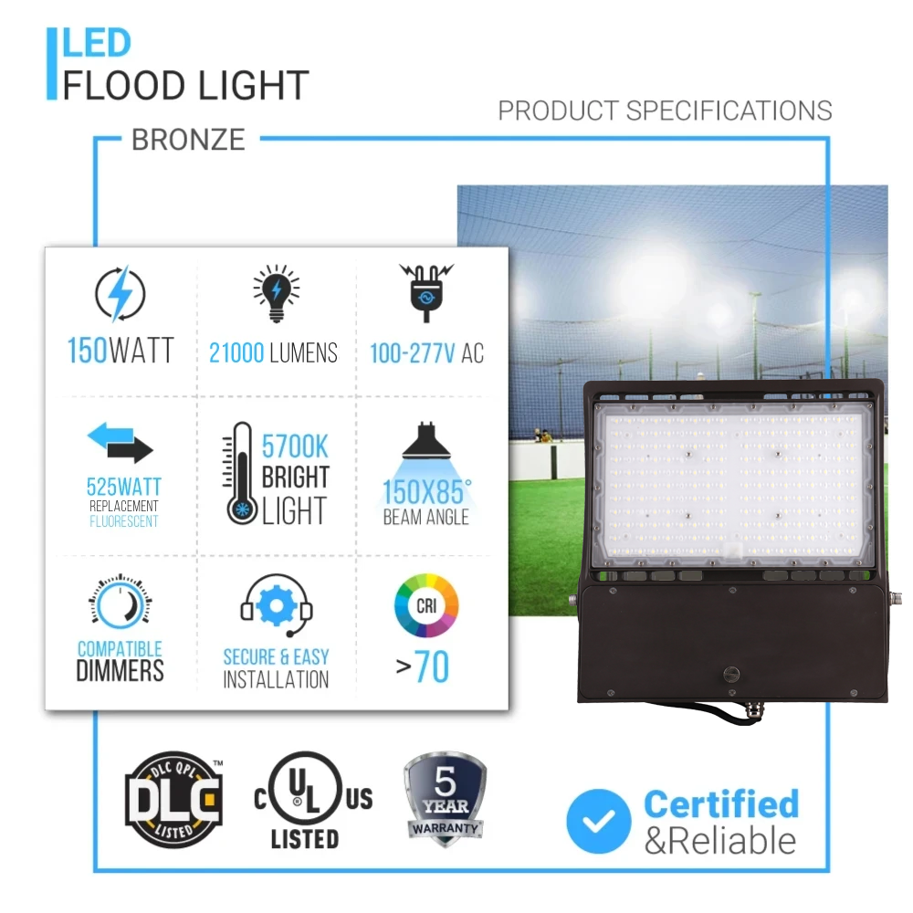 Foco LED de 150 vatios, 5700 K, CA 120-277 V, bronce, regulable, iluminación exterior, luces de seguridad LED impermeables IP65 para patios, estacionamientos, áreas de juegos y estadios