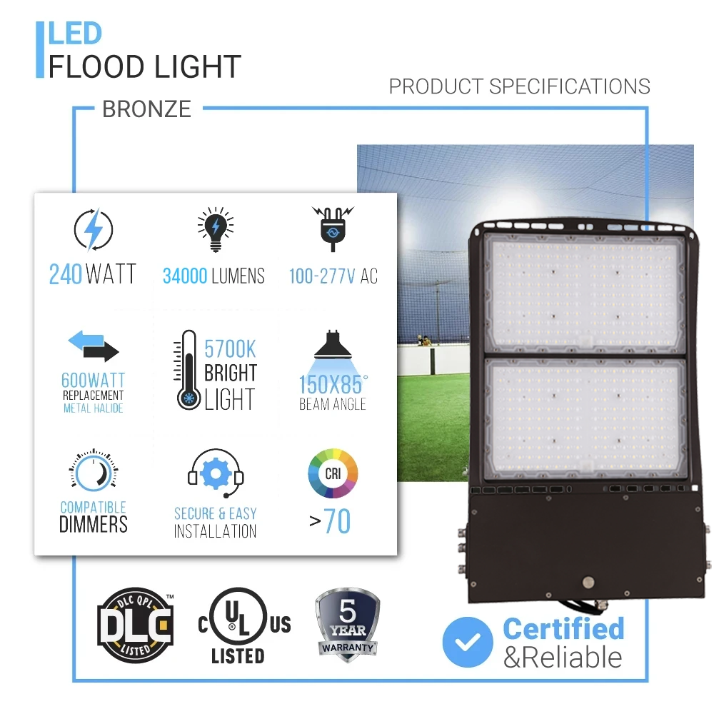 Projecteurs de stade à LED 240 W, 5 700 K, 34 000 lumens, à intensité variable, bronze, AC 100-277 V, étanche IP65, projecteur extérieur pour stade, arrière-cour, parking, éclairage d'arène