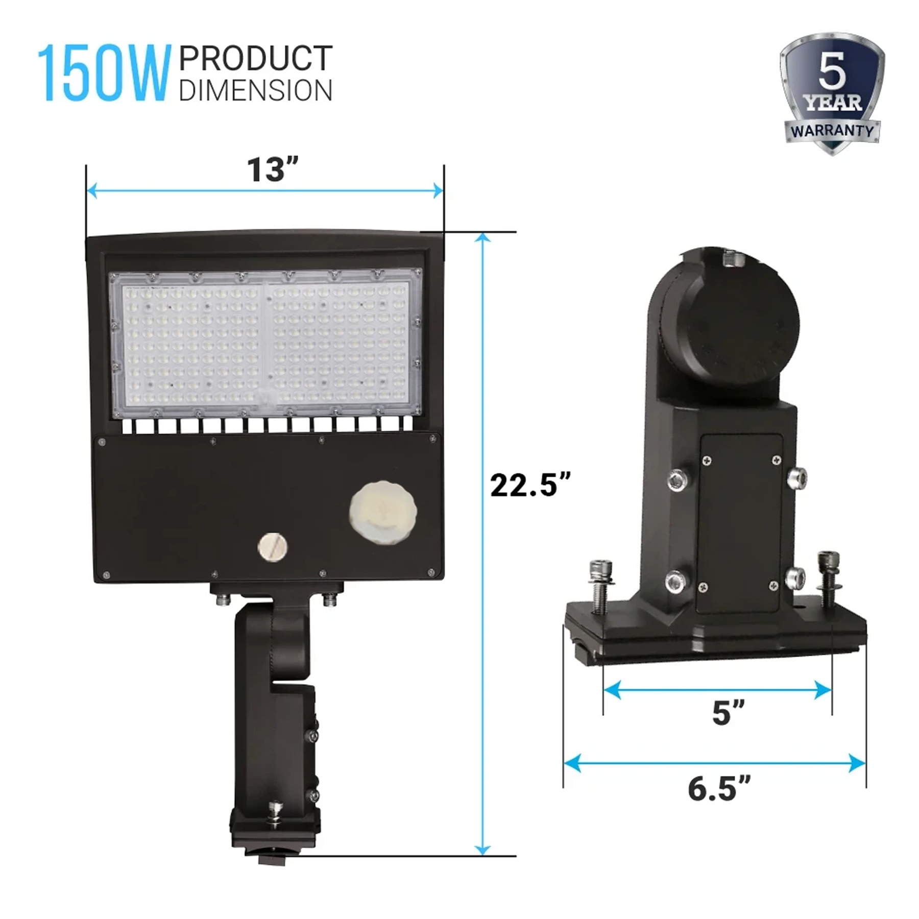 Poste de luz LED de 150 W con fotocélula y sensor de movimiento, 5700 K, 21 000 LM, IP65, CA 120-277 V, bronce, montaje universal, luces de estacionamiento, iluminación de calles para áreas comerciales al aire libre