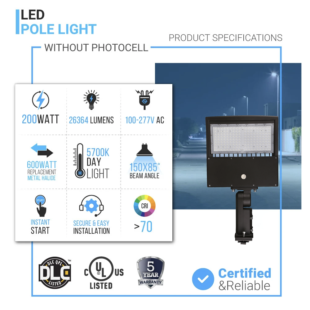 Lampadaire LED 200 W pour extérieur, 5 700 K, 28 000 lm, montage universel, bronze, AC 120-277 V, étanche IP65, éclairage de parking, éclairage de sécurité, éclairage routier extérieur pour zones commerciales