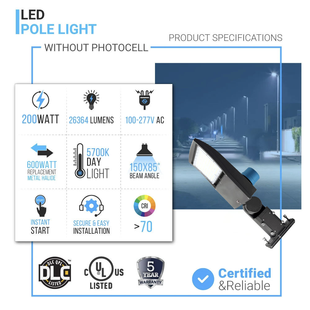 Lampadaire LED 200 W avec cellule photoélectrique du crépuscule à l'aube, 5 700 K, montage universel, bronze, étanche IP65, AC 120-277 V, éclairage de parking LED - éclairage public extérieur pour zones commerciales