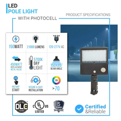 Poste de luz LED de 150 W con fotocélula y sensor de movimiento, 5700 K, 21 000 LM, IP65, CA 120-277 V, bronce, montaje universal, luces de estacionamiento, iluminación de calles para áreas comerciales al aire libre