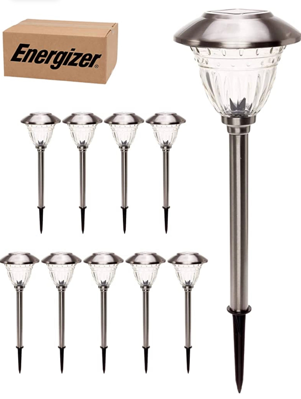 Lot de 10 lampes solaires à LED Energizer pour allées extérieures - Acier inoxydable