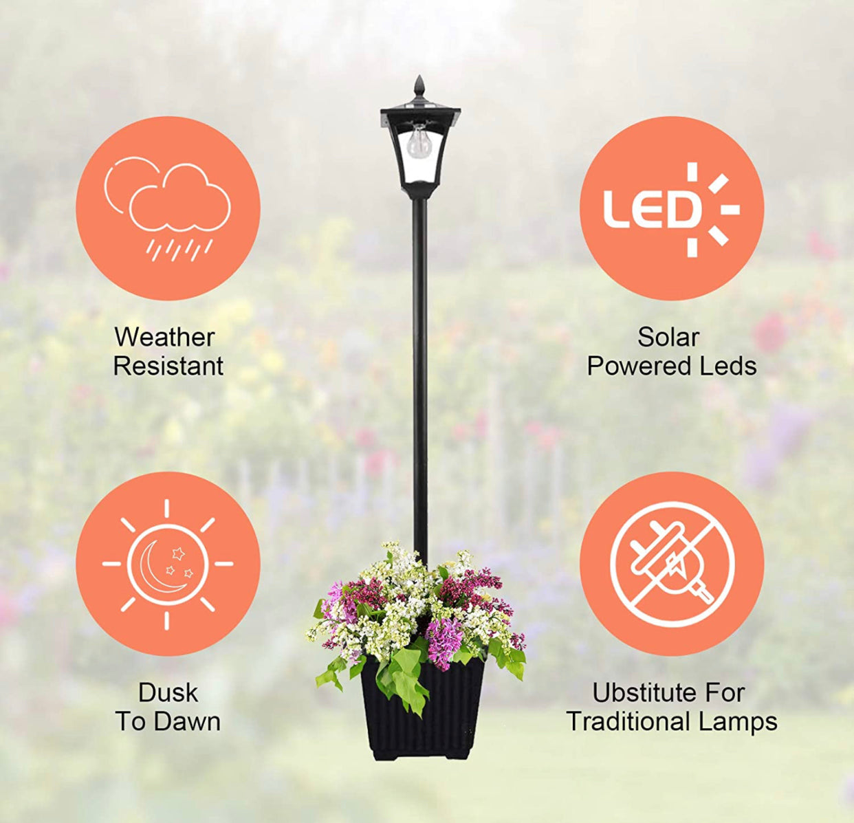 Lampadaire solaire d'extérieur de 64 pouces avec jardinière, 70 lumens, alimenté à l'énergie solaire avec 4 hauteurs réglables - Noir