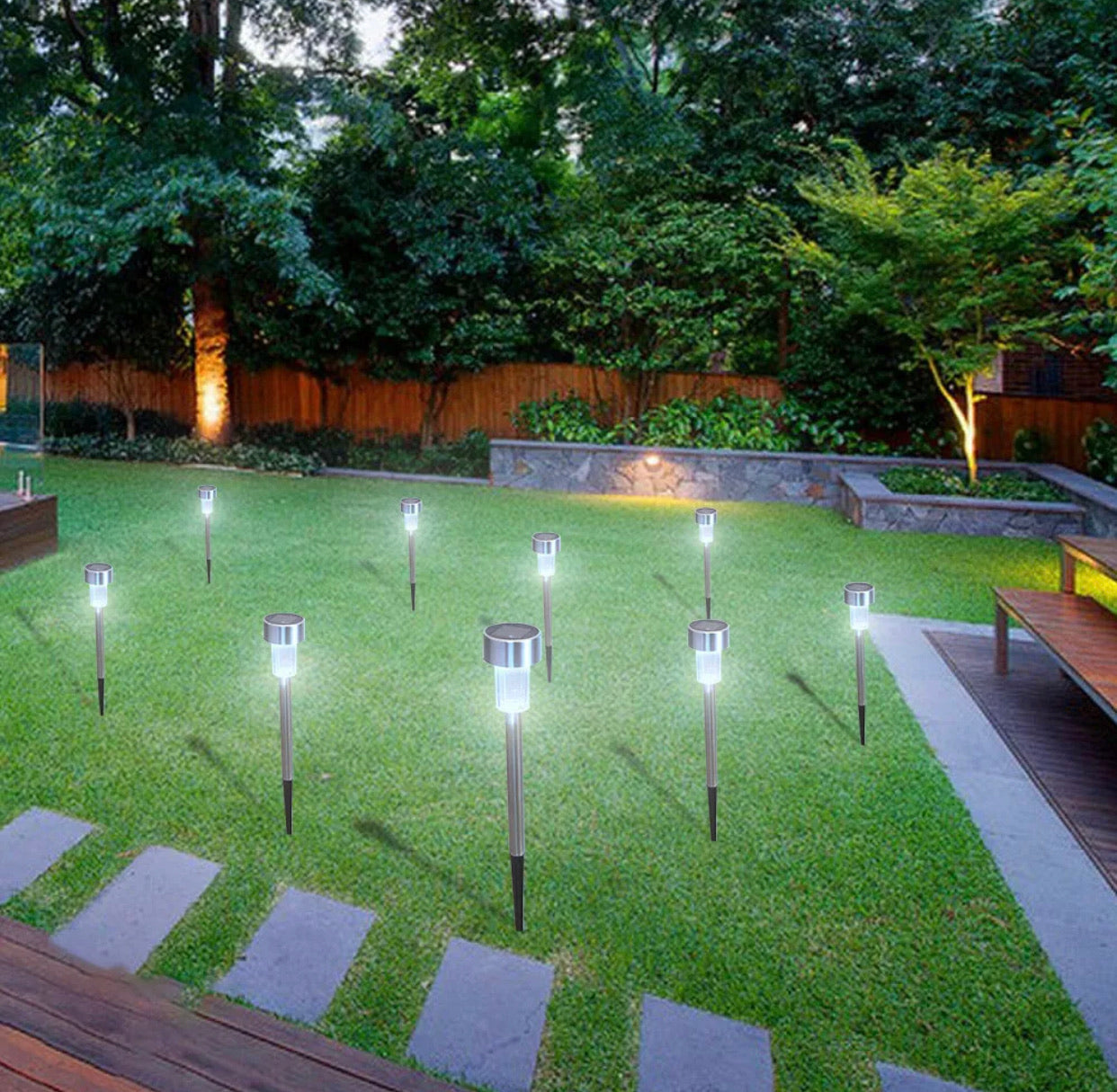 Paquete de 24 luces LED solares de acero inoxidable para exteriores para jardín, césped, paisaje, camino